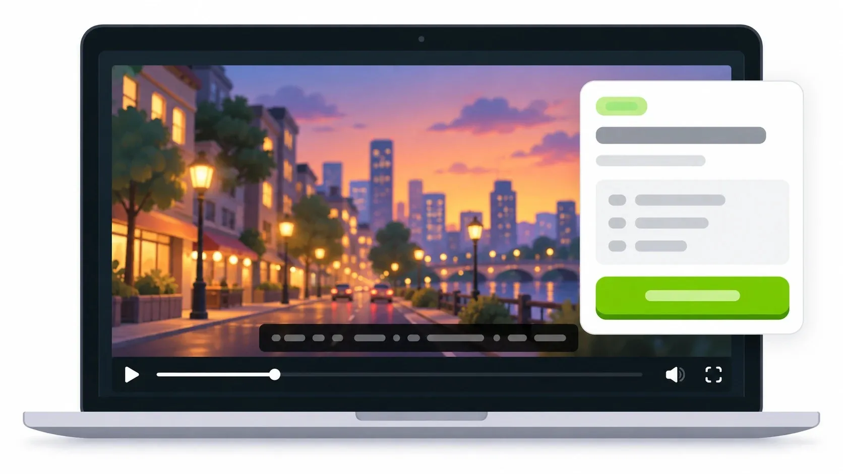 Illustration of the KIKUGO explanation card open next to a video player, with a subtitle bar at the bottom and a green Save card button