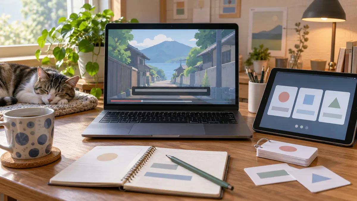 Study desk with a laptop playing an animated street scene with a subtitle bar, a tablet showing flashcards, and a notebook