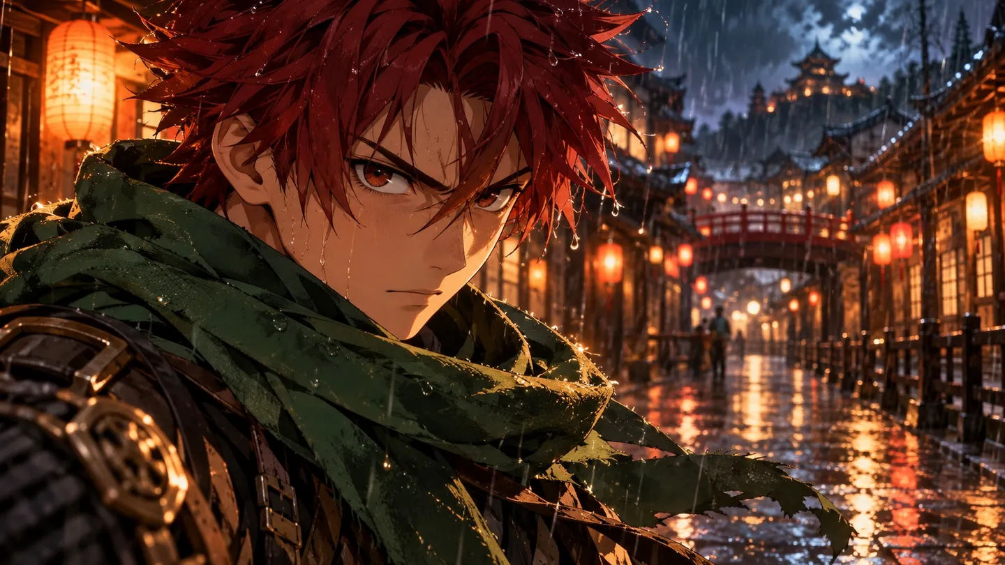 Héros d'anime original aux cheveux rouges et à l'écharpe verte, dans une rue éclairée de lanternes, la nuit sous la pluie